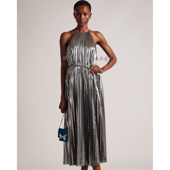 NWT Ted Baker Juudie Pleated Halterneck Midi Dress Size 10 Gunmetal - Picture 1 of 16